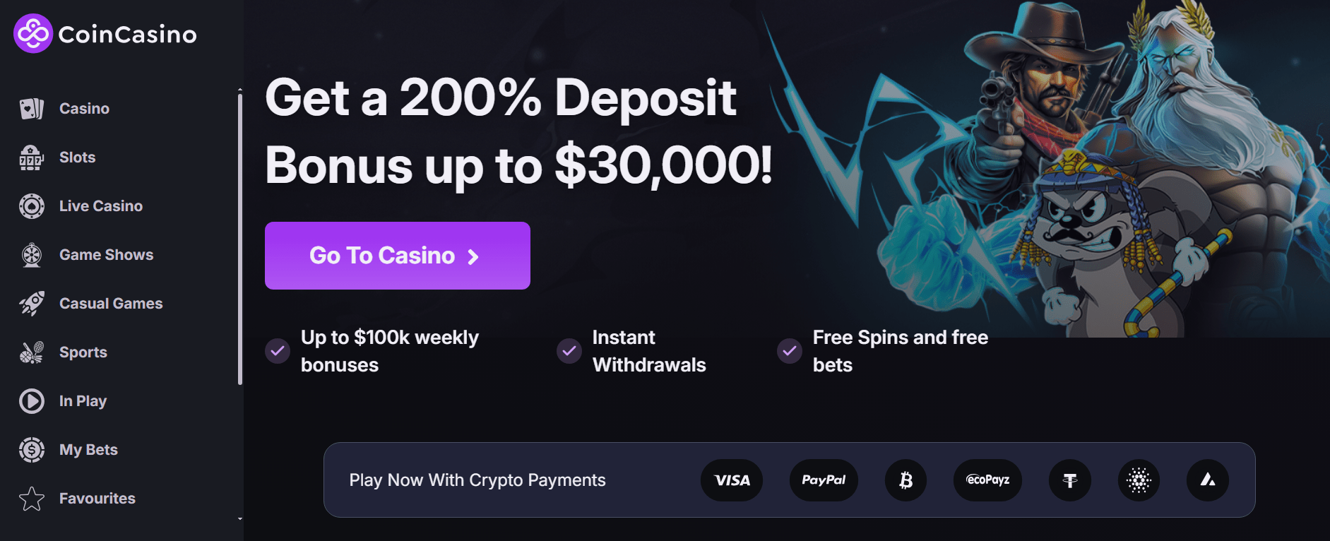 Snapshot of CoinCasino showcasing a 200% welcome bonus and Plinko-style games