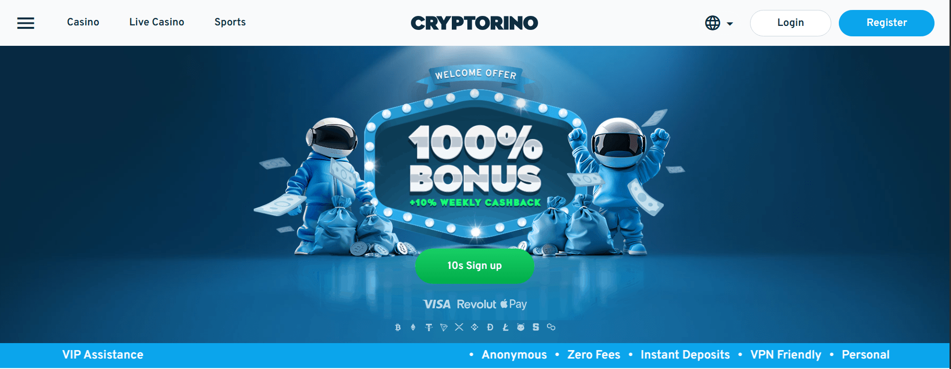 Platform view of Cryptorino casino featuring provably fair Plinko and a large game library